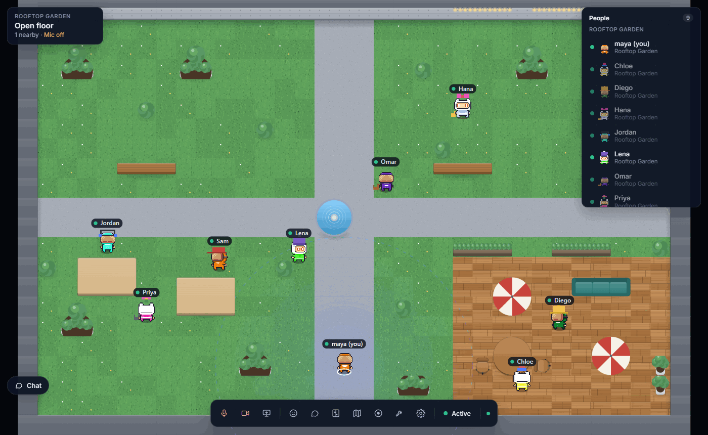 A CheckDEV virtual office floor: a rooftop garden with people standing together