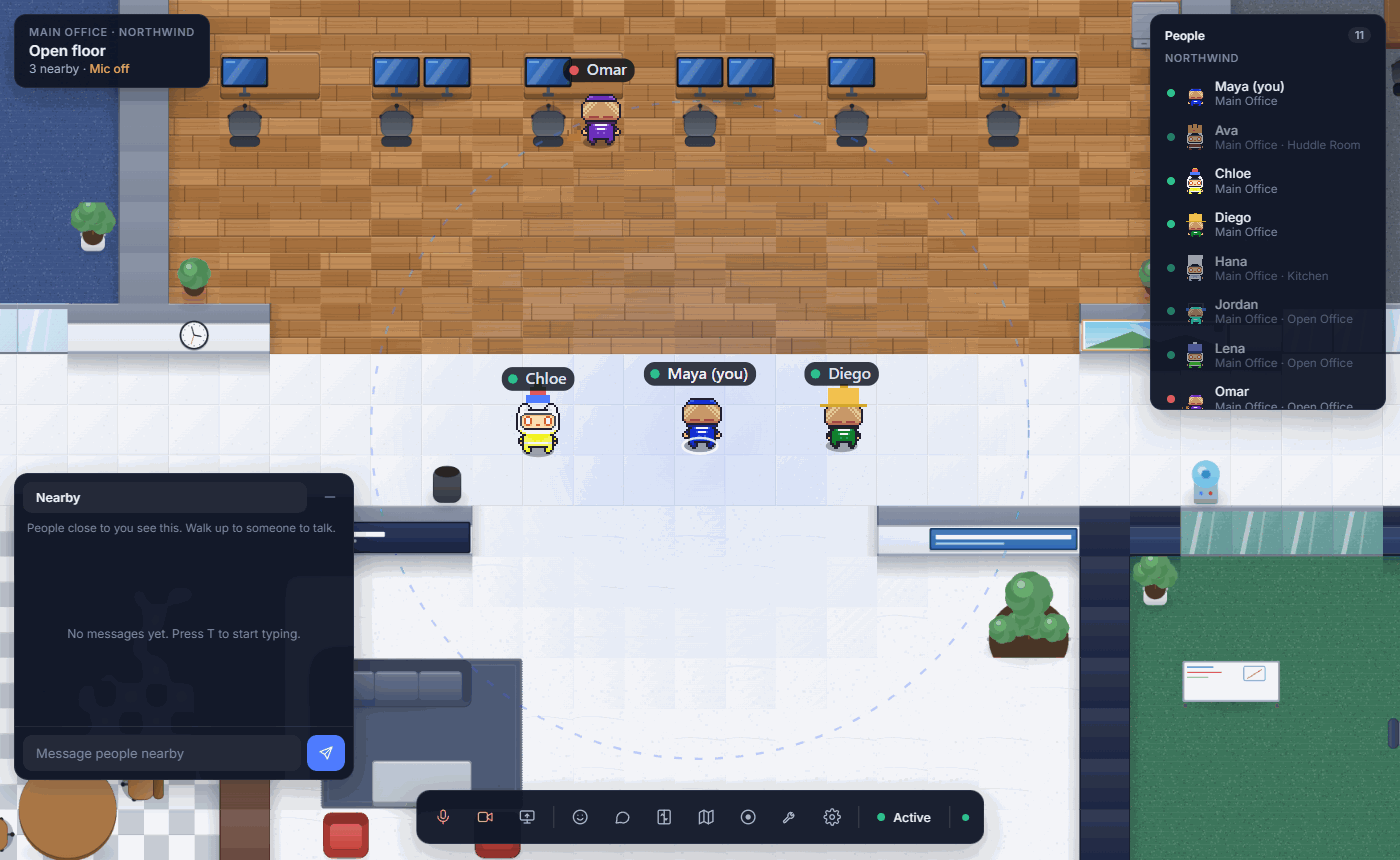 A CheckDEV office floor: desks, meeting rooms and people standing together